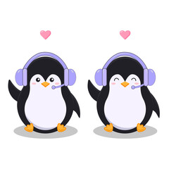 Naklejka premium Set of two isolated cute little penguins with a headphones