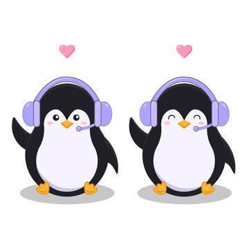 Set of two isolated cute little penguins with a headphones