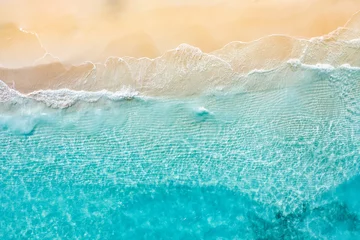 Fototapeten Relaxing aerial beach scene, summer vacation holiday template banner. Waves surf with amazing blue ocean lagoon, sea shore, coastline. Perfect aerial drone top view. Bright beach panorama, seaside © icemanphotos