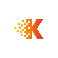 Colorful letter K fast pixel dot logo. Pixel art with the letter K. Integrative pixel movement. Creative scattered technology icon. Modern icon creative ports. Vector logo design.