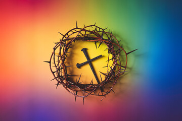Fototapeta na wymiar Crown of Thorns with cross in a multicolored background