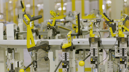 Automobile plant, robot equipment, assembly line of machines, modern production. Scene. Modern...