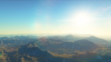 Exoplanet fantastic landscape. Beautiful views of the mountains and sky with unexplored planets