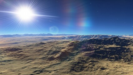 Exoplanet fantastic landscape. Beautiful views of the mountains and sky with unexplored planets