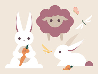 Cute White Bunnies, Lamb, Butterflies and Dragonfly Vector Illustration set