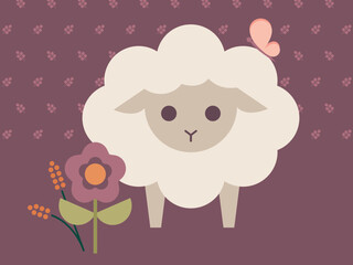 Cute Lamb in garden with butterfly Vector Illustration