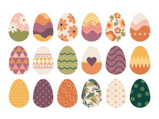 Decorated Colorful Easter Eggs with Patterns and Flowers Vector Illustration Set