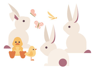 Obraz premium Cute cream Bunnies, a Chick and Duck, Butterflies and Dragonfly Vector Illustration set