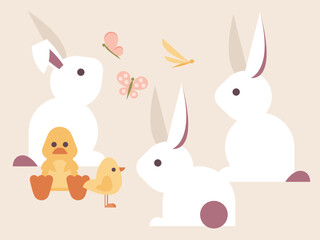 Obraz na płótnie Canvas Cute White Bunnies, a Chick and Duck, Butterflies and Dragonfly Vector Illustration set