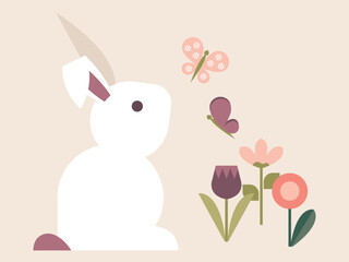 Cute White Bunny looking at Butterflies with Spring Flowers Vector Illustration