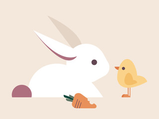 Cute White Bunny looking at Small Spring Baby Chick Vector Illustration