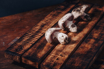 Fresh unwashed forest champignons on wooden kitchen board. Seasonal autumn mushrooms, tasty vegetarian cuisine. Close up shot