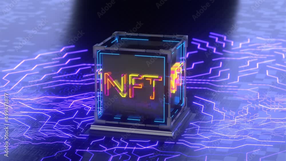 Poster the nft cube rotates on the printed circuit board. smoothly rotating cube with neon inscription nft.