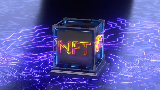 The NFT cube rotates on the printed circuit board. Smoothly rotating cube with neon inscription NFT. non fungible token. The cube rotates on the printed circuit board.