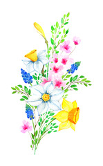 Watercolor spring flowers, daffodils, muscari bouquet, border, frame. Floral, botanical hand painted illustration isolated on white. Spring wedding invitation, greeting card, postcard, poster, print