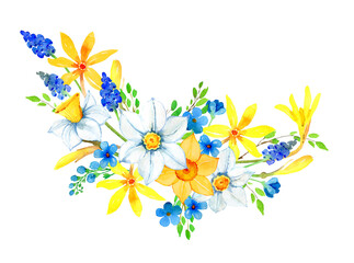 Watercolor spring flowers, daffodils, muscari bouquet, border, frame. Floral, botanical hand painted illustration isolated on white. Spring wedding invitation, greeting card, postcard, poster, print