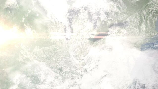 Earth zoom in from outer space to city. Zooming on Fort Wayne, Indiana, USA. The animation continues by zoom out through clouds and atmosphere into space. Images from NASA