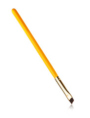 Professional makeup concealer powder blush eye shadow eyebrow brushes with yellow handles isolated on white background
