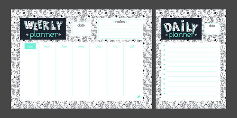 Motivational Planner set with abstract star background and hand drawn lettering. Vector Weekly and Daily organizer.  Business or education shedule page. Mint green, white and black colors