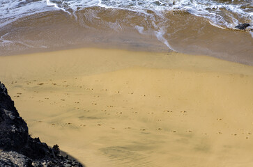 Footprints on golden beach, foaming sea at top of image, photographed from above