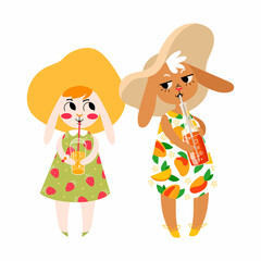 Happy two cute rabbits wearing sun hat and dress drinking summer juice. Bunny summer vector character illustration