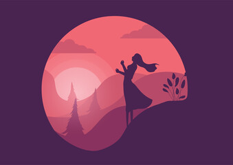 woman on sunset hill illustration