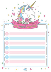 Cute wishlist card with unicorn, ribbon, flowers, hearts, stars on violet background. Christmas or Birthday organizer. Lettering 'My sweet wishlist". Cartoon character. Doodle vector background. © Mariia