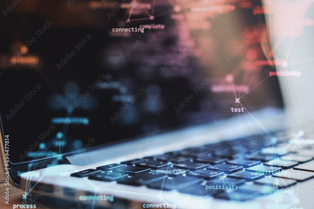 Poster close up of laptop with creative process stages mesh on blurry background. process, system and softw