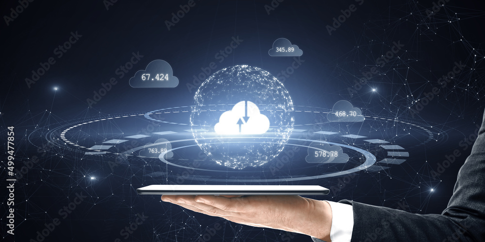 Poster close up of male hand holding tablet with creative polygonal digital cloud on blurry background. clo