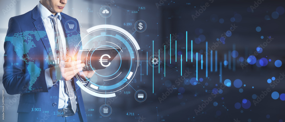 Poster wide image of businessman hand pointing at pad with creative glowing round euro chart hologram on bl
