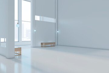 Modern white spacious gallery interior with empty mock up place, window, city view and daylight. 3D Rendering.