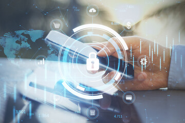 Close up of businessman hand using tablet and smartphone with glowing blue padlock hologram with forex chart and map on blurry outdoor background, Secure and online safety concept. Double exposure.