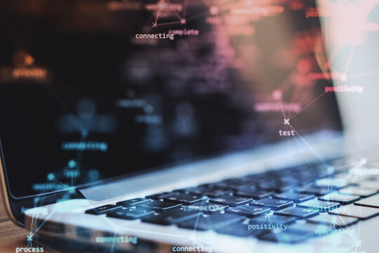 Close up of laptop with creative process stages mesh on blurry background. Process, system and software concept. Double exposure.