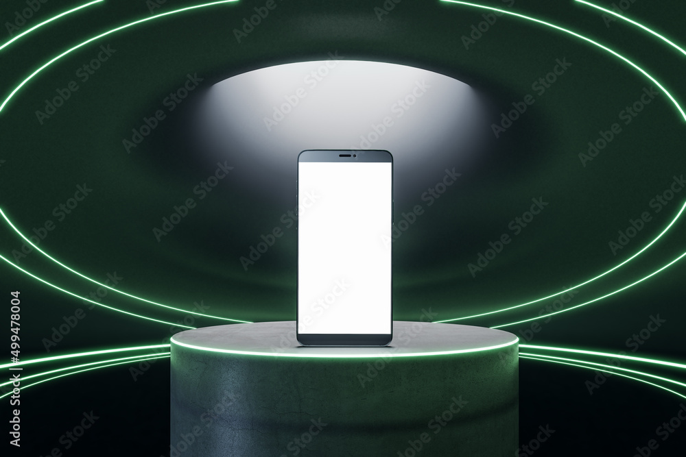 Poster Close up of blank white smartphone on light pedestal background. Presentation and mock up concept. 3D Rendering.