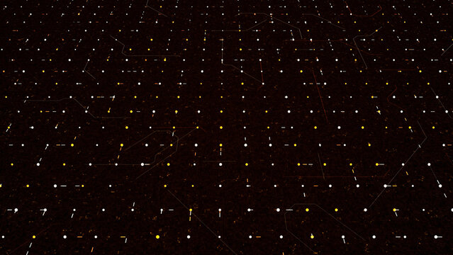 Abstract digital lines randomly moving among spots in a dark technological space. Animation. Flowing narrow stripes in a grid, seamless loop.