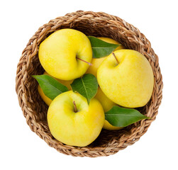 yellow apples in basket path isolated on white top view