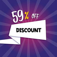 59 percent discount purple banner with floating paper for promotions and offers.