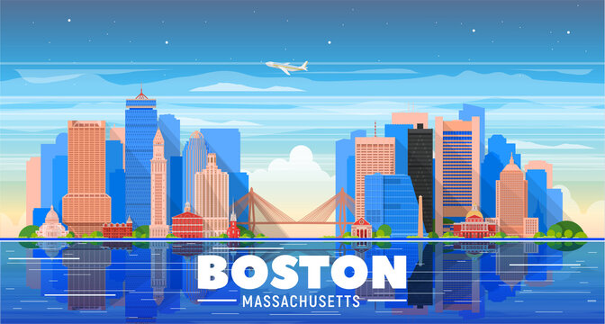 Boston ( Massachusetts, USA ) skyline with panorama in blue sky background. Vector Illustration. Business travel and tourism concept with modern buildings. Image for presentation, banner, web site.