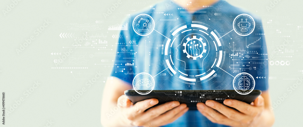 Poster future technology concept with young man using a tablet computer
