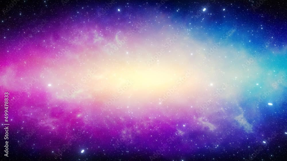 Wall mural flying in the universe through stars on a background of a bright nebula in pink and blue colors. loo