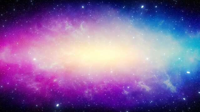 Flying in the universe through stars on a background of a bright nebula in pink and blue colors. Looping video. 3D rendering