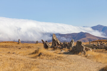 Zorats-Karer or Karahunj. Ancient megalithic complex, on a mountain plateau, Armenia. Historical and cultural reserve
