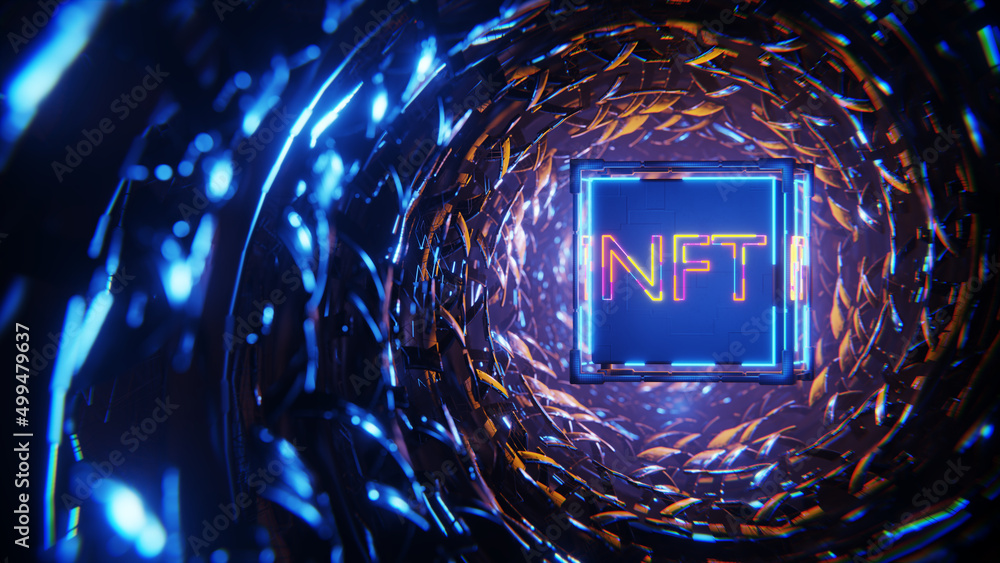 Poster cube with the inscription nft in an abstract technology tunnel. non fungible token. 3d render