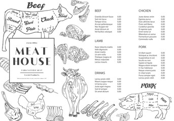 Restaurant Food Menu Design. Meat house restaurant menu price template for meat dishes. Menu of grilled meat sausages, beef, pork, chicken. Vector sketch design of beef steak and chicken grill.
