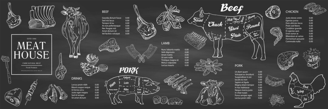Restaurant Food Menu Design. Meat house restaurant menu price template for meat dishes. Menu of grilled meat sausages, beef, pork, chicken. Vector sketch design of beef steak and chicken grill.