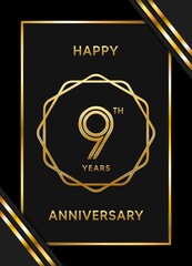 9 Years Anniversary logotype. Anniversary celebration template design with golden ring for booklet, leaflet, magazine, brochure poster, banner, web, invitation or greeting card. Vector illustrations