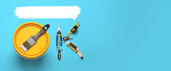 The OK word laid out from a set of construction tools and a can of finishing paint.
Creative design template for building, engineering, maintenance and repair companies. 