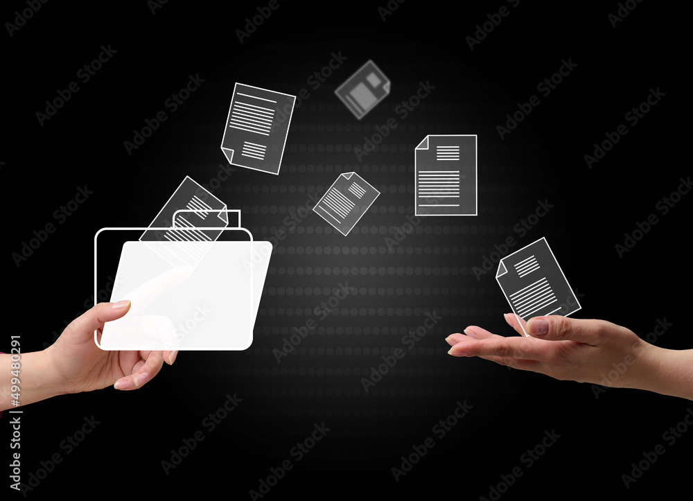 Aufkleber concept of document flow in the company, transition to paperless technology. electronic document man