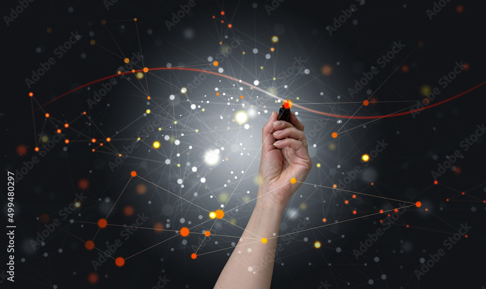 Aufkleber female hand holds a marker and draws connections in the structure of the global network for the exch