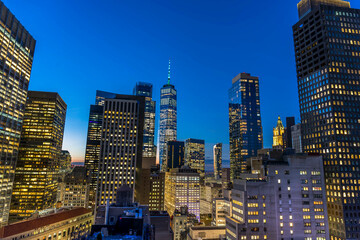 Fototapeta na wymiar New York City Manhattan downtown skyline with skyscrapers, including the One World Trade Center